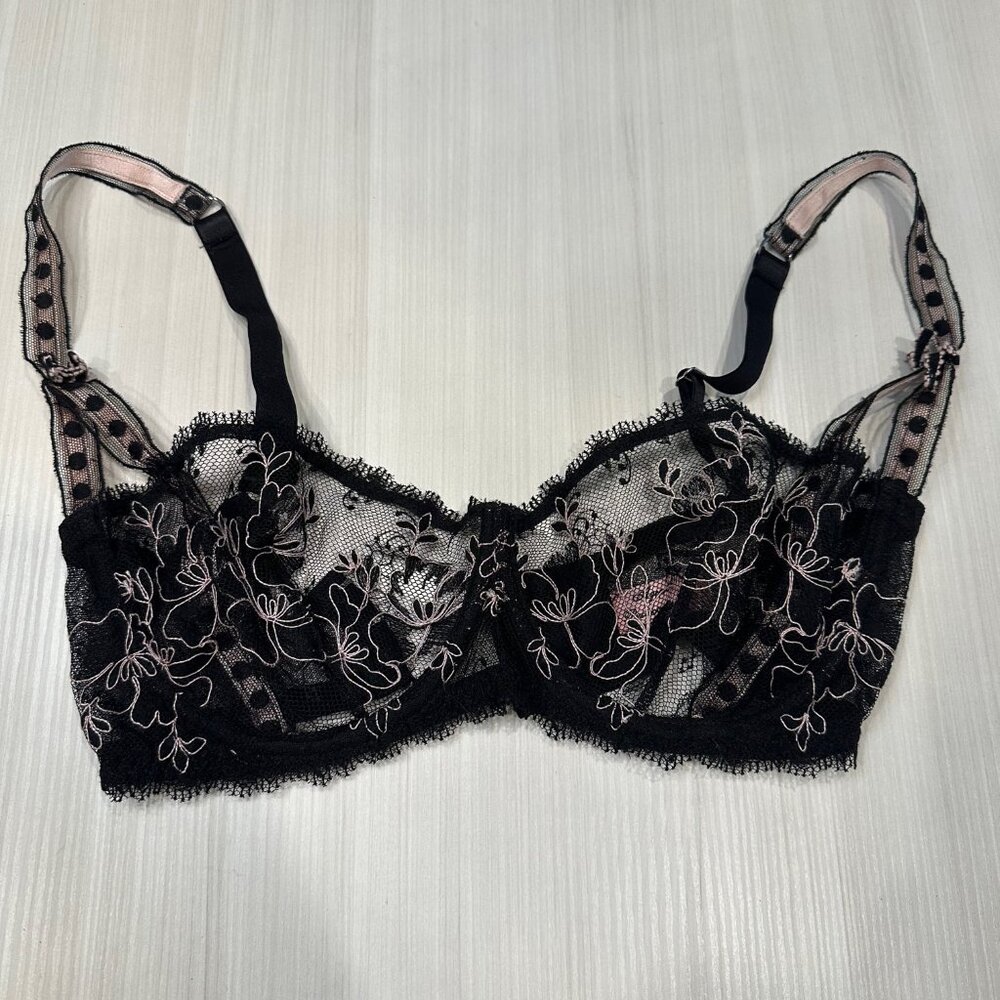 Agent Provocateur Black Lace and Pink Embroidered Sheer Bra